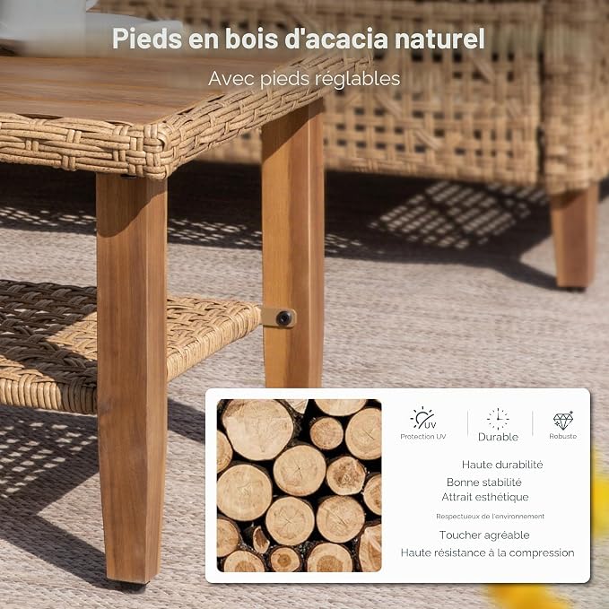 PHI VILLA Salon de Jardin 3 Pièces en Rotin — Méridienne, Canapé 2 Places & Table Basse — 4 Personnes — Beige