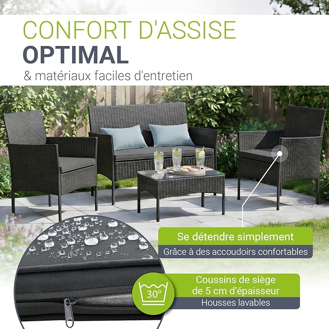 Juskys Salon de Jardin Fort Myers en Polyrotin — Lounge 4 Personnes avec Canapé, Table & Coussins — Noir/Gris Foncé