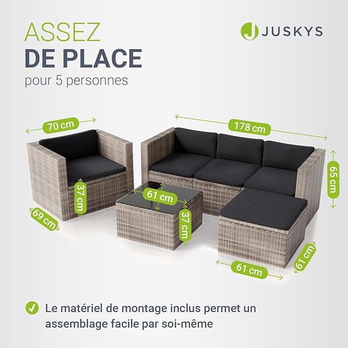 Juskys Salon de Jardin Lounge Punta Cana L — Polyrotin 4-5 Personnes avec Canapé, Table & Coussins — Gris Chiné
