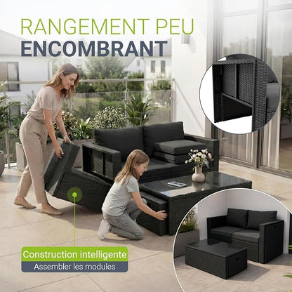 Juskys Salon de Jardin Salou en Polyrotin Noir — Espace Lounge 6 Personnes Résistant aux Intempéries — Coin Salon avec Table Basse & Coussins Inclus — Jardin, Terrasse, Balcon