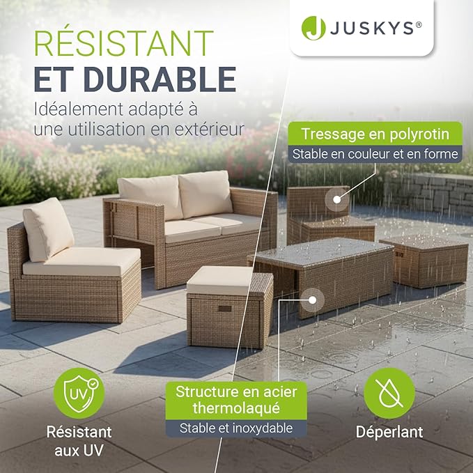 Juskys Salon de Jardin Salou en Polyrotin — Lounge 6 Personnes avec Table & Coussins — Crème/Sable