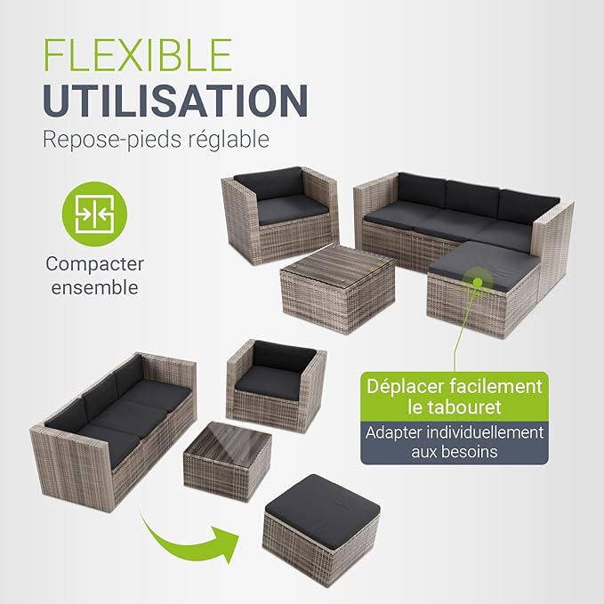 Juskys Salon de Jardin Lounge Punta Cana L — Polyrotin 4-5 Personnes avec Canapé, Table & Coussins — Gris Chiné