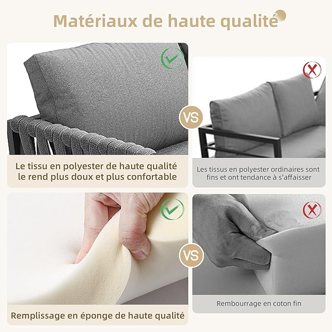 Salon de Jardin Extérieur 5 Pièces en Forme de L — Ensemble de Meubles pour 6-8 Personnes — Canapé d'Angle, Table, Banc & Fauteuils à Accoudoirs — Tressé, Coussins Inclus — Gris