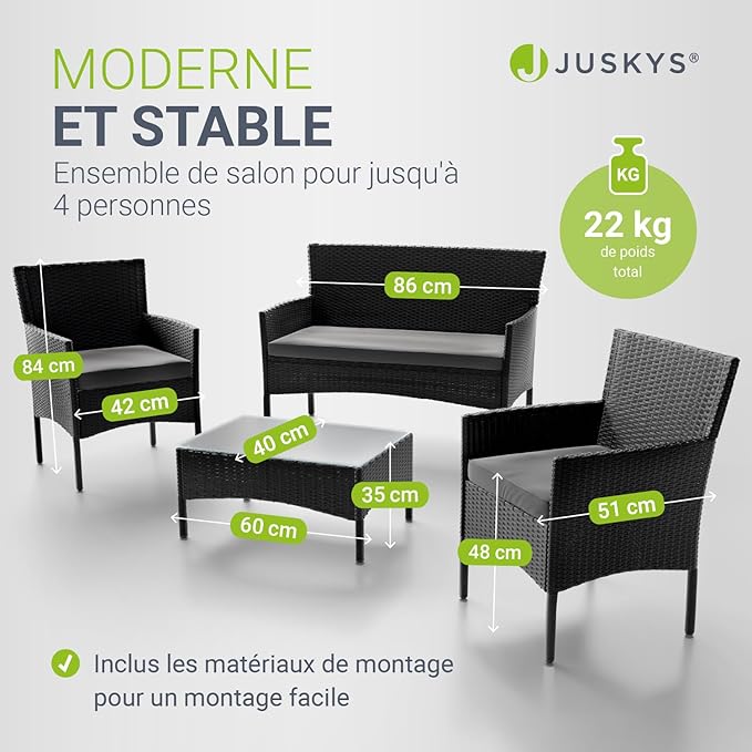 Juskys Salon de Jardin Fort Myers en Polyrotin — Lounge 4 Personnes avec Canapé, Table & Coussins — Noir/Gris Foncé