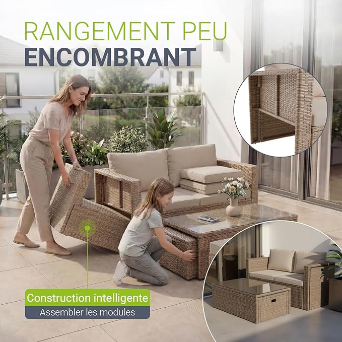 Juskys Salon de Jardin Salou en Polyrotin — Lounge 6 Personnes avec Table & Coussins — Crème/Sable