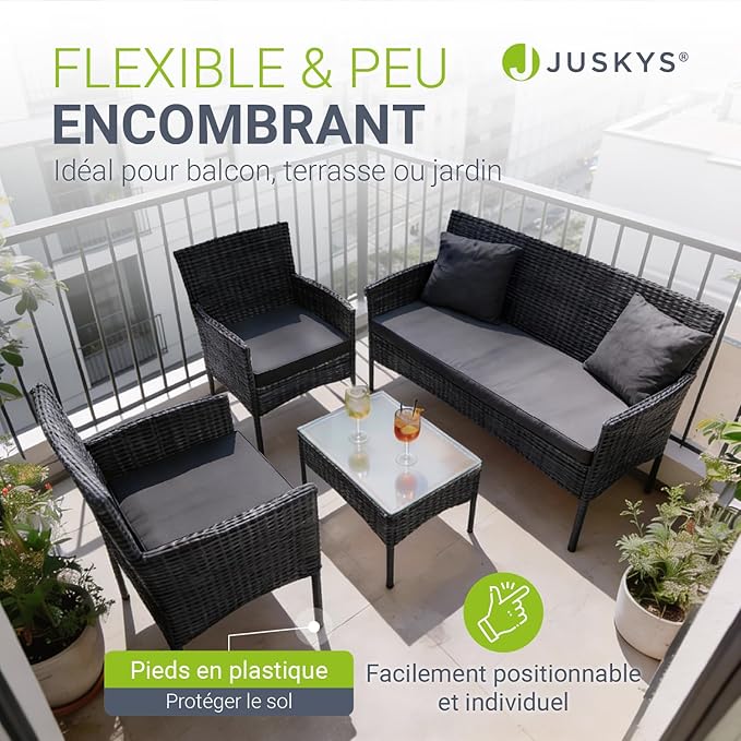 Juskys Salon de Jardin Fort Myers en Polyrotin — Lounge 4 Personnes avec Canapé, Table & Coussins — Noir/Gris Foncé