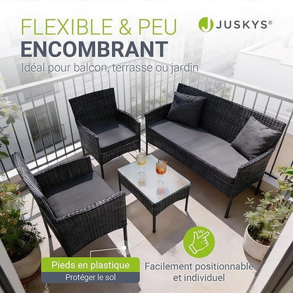 Juskys Salon de Jardin Fort Myers en Polyrotin — Lounge 4 Personnes avec Canapé, Table & Coussins — Noir/Gris Foncé