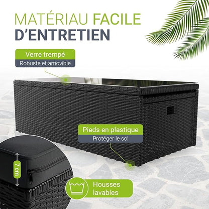 Juskys Salon de Jardin Salou en Polyrotin Noir — Espace Lounge 6 Personnes Résistant aux Intempéries — Coin Salon avec Table Basse & Coussins Inclus — Jardin, Terrasse, Balcon