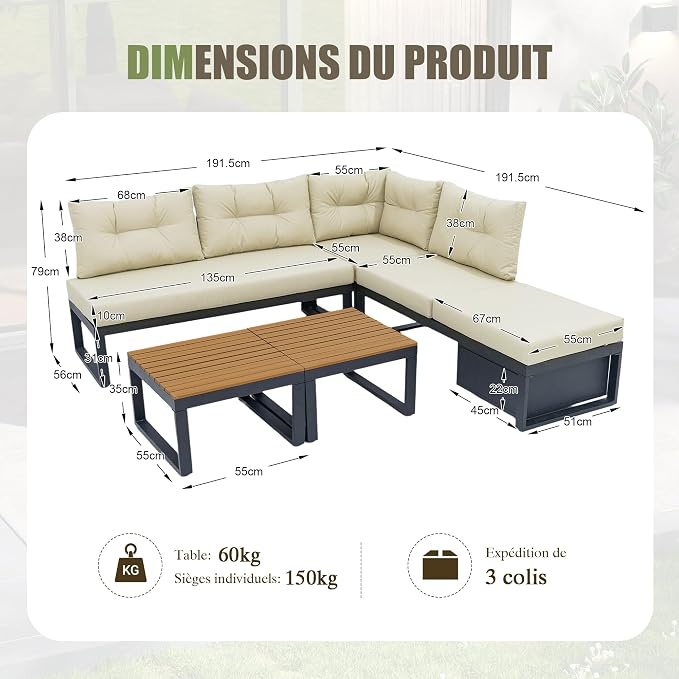 Salon de Jardin Modulaire 5 Pièces — Canapé d'Angle avec Rangement, Fauteuils, 2 Tables Basses & Coussins — Beige