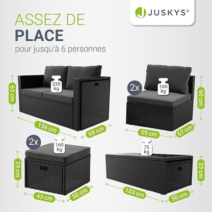Juskys Salon de Jardin Salou en Polyrotin Noir — Espace Lounge 6 Personnes Résistant aux Intempéries — Coin Salon avec Table Basse & Coussins Inclus — Jardin, Terrasse, Balcon