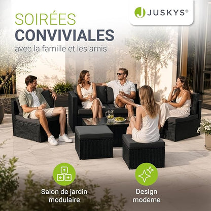 Juskys Salon de Jardin Salou en Polyrotin Noir — Espace Lounge 6 Personnes Résistant aux Intempéries — Coin Salon avec Table Basse & Coussins Inclus — Jardin, Terrasse, Balcon