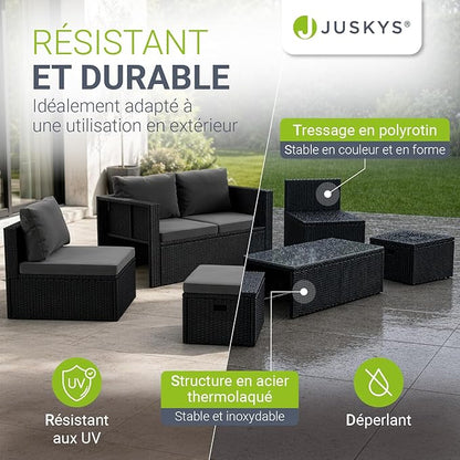Juskys Salon de Jardin Salou en Polyrotin Noir — Espace Lounge 6 Personnes Résistant aux Intempéries — Coin Salon avec Table Basse & Coussins Inclus — Jardin, Terrasse, Balcon