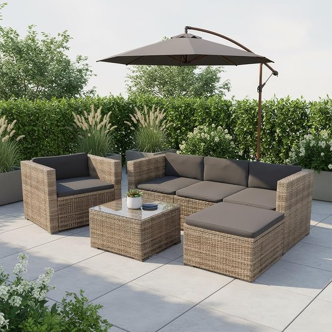 Juskys Salon de Jardin Lounge Punta Cana L — Polyrotin 4-5 Personnes avec Canapé, Table & Coussins — Gris Chiné