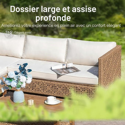 PHI VILLA Salon de Jardin 3 Pièces en Rotin — Méridienne, Canapé 2 Places & Table Basse — 4 Personnes — Beige