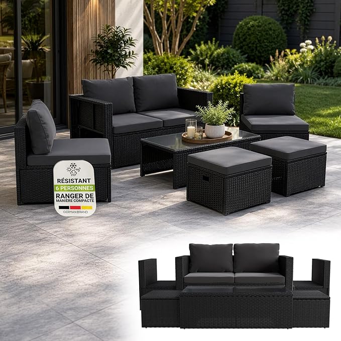 Juskys Salon de Jardin Salou en Polyrotin Noir — Espace Lounge 6 Personnes Résistant aux Intempéries — Coin Salon avec Table Basse & Coussins Inclus — Jardin, Terrasse, Balcon
