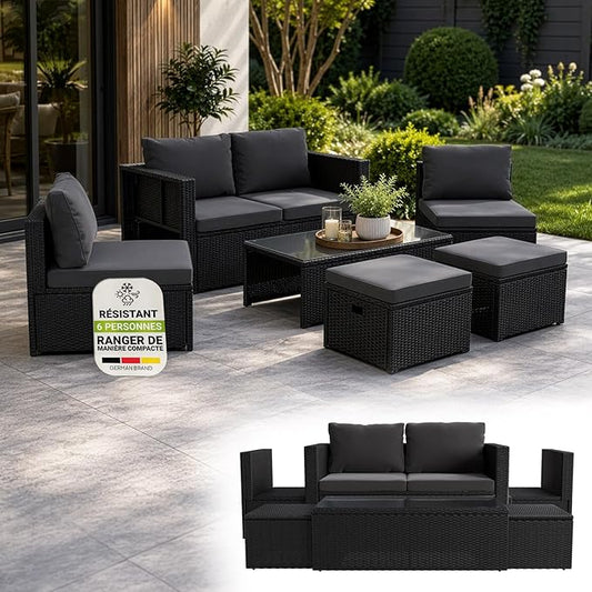 Juskys Salon de Jardin Salou en Polyrotin Noir — Espace Lounge 6 Personnes Résistant aux Intempéries — Coin Salon avec Table Basse & Coussins Inclus — Jardin, Terrasse, Balcon