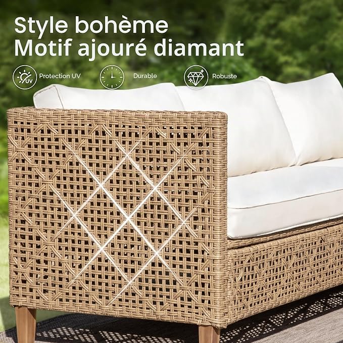 PHI VILLA Salon de Jardin 3 Pièces en Rotin — Méridienne, Canapé 2 Places & Table Basse — 4 Personnes — Beige