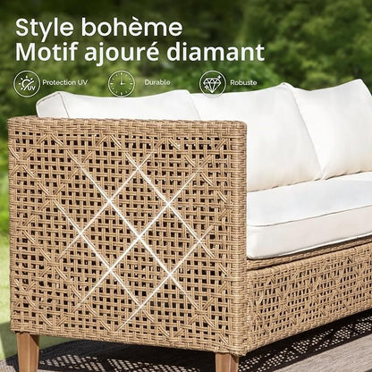 PHI VILLA Salon de Jardin 3 Pièces en Rotin — Méridienne, Canapé 2 Places & Table Basse — 4 Personnes — Beige