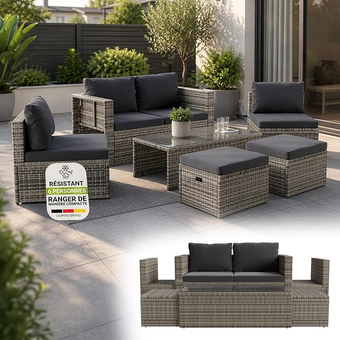Juskys Salon de Jardin Salou — Polyrotin Gris 6 Personnes, Résistant aux Intempéries, Table & Coussins Inclus