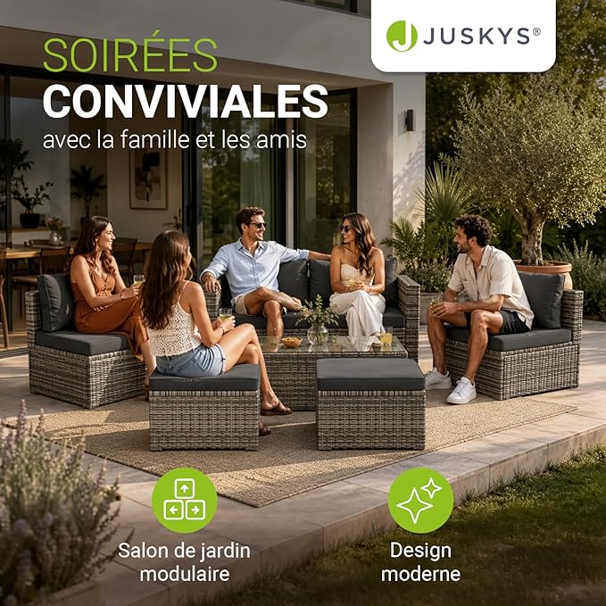 Juskys Salon de Jardin Salou — Polyrotin Gris 6 Personnes, Résistant aux Intempéries, Table & Coussins Inclus