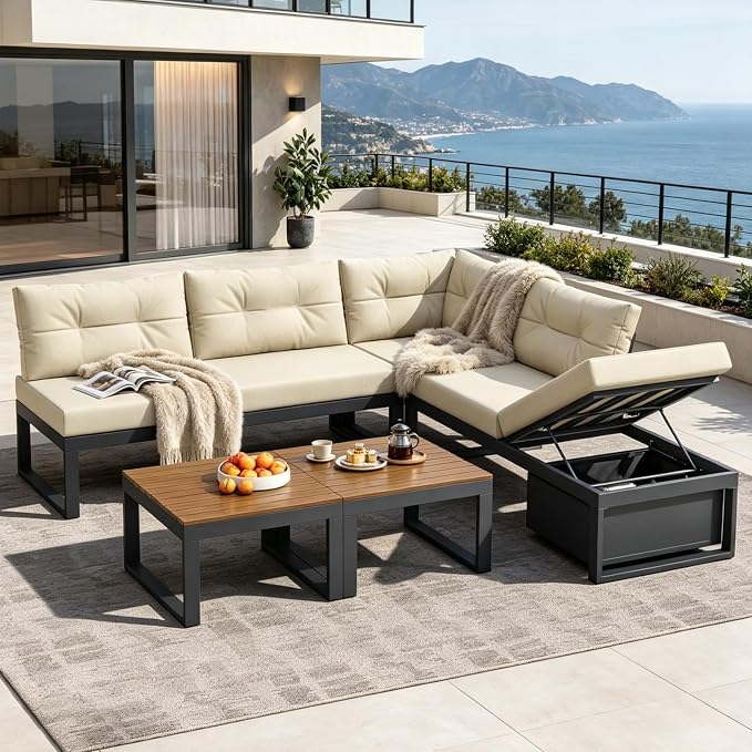 Salon de Jardin Modulaire 5 Pièces — Canapé d'Angle avec Rangement, Fauteuils, 2 Tables Basses & Coussins — Beige