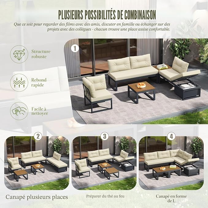 Salon de Jardin Modulaire 5 Pièces — Canapé d'Angle avec Rangement, Fauteuils, 2 Tables Basses & Coussins — Beige
