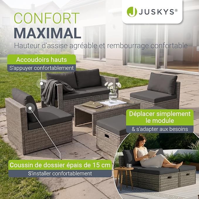 Juskys Salon de Jardin Salou — Polyrotin Gris 6 Personnes, Résistant aux Intempéries, Table & Coussins Inclus