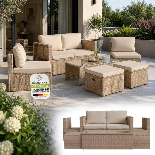 Juskys Salon de Jardin Salou en Polyrotin — Lounge 6 Personnes avec Table & Coussins — Crème/Sable