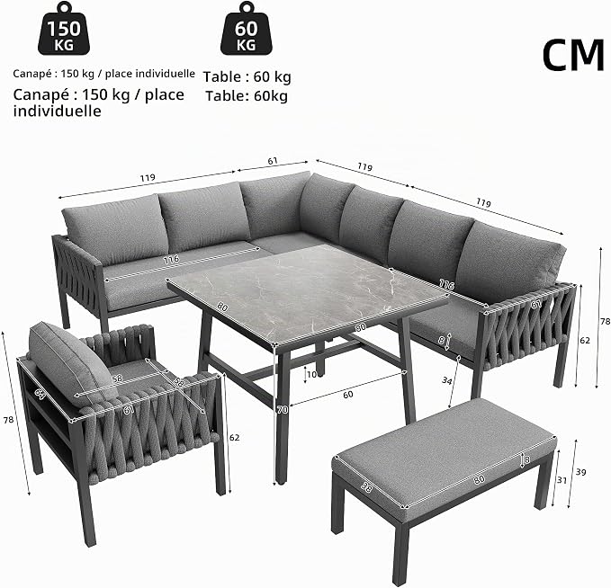 Salon de Jardin Extérieur 5 Pièces en Forme de L — Ensemble de Meubles pour 6-8 Personnes — Canapé d'Angle, Table, Banc & Fauteuils à Accoudoirs — Tressé, Coussins Inclus — Gris