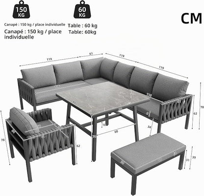 Salon de Jardin Extérieur 5 Pièces en Forme de L — Ensemble de Meubles pour 6-8 Personnes — Canapé d'Angle, Table, Banc & Fauteuils à Accoudoirs — Tressé, Coussins Inclus — Gris