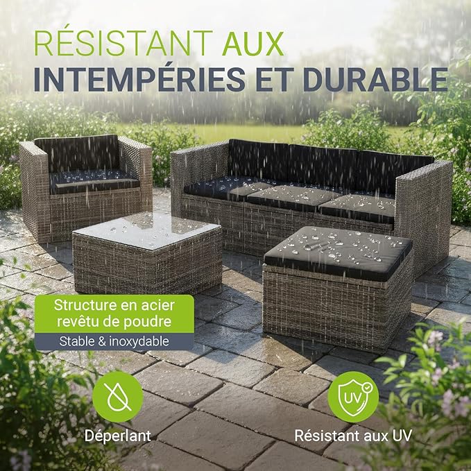 Juskys Salon de Jardin Lounge Punta Cana L — Polyrotin 4-5 Personnes avec Canapé, Table & Coussins — Gris Chiné
