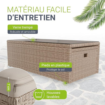 Juskys Salon de Jardin Salou en Polyrotin — Lounge 6 Personnes avec Table & Coussins — Crème/Sable