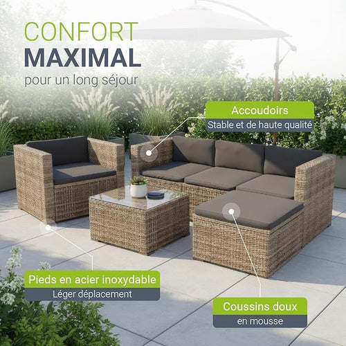 Juskys Salon de Jardin Lounge Punta Cana L — Polyrotin 4-5 Personnes avec Canapé, Table & Coussins — Gris Chiné