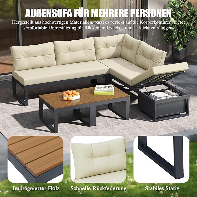 Salon de Jardin Modulaire 5 Pièces — Canapé d'Angle avec Rangement, Fauteuils, 2 Tables Basses & Coussins — Beige