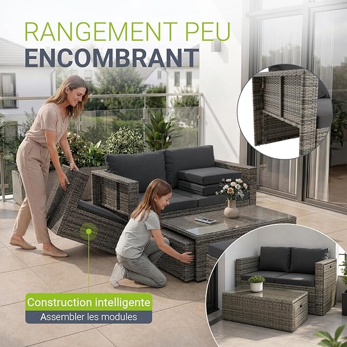 Juskys Salon de Jardin Salou — Polyrotin Gris 6 Personnes, Résistant aux Intempéries, Table & Coussins Inclus
