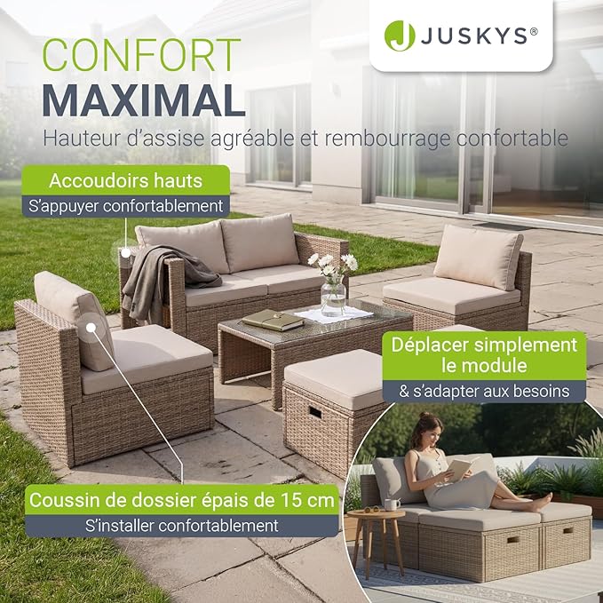 Juskys Salon de Jardin Salou en Polyrotin — Lounge 6 Personnes avec Table & Coussins — Crème/Sable