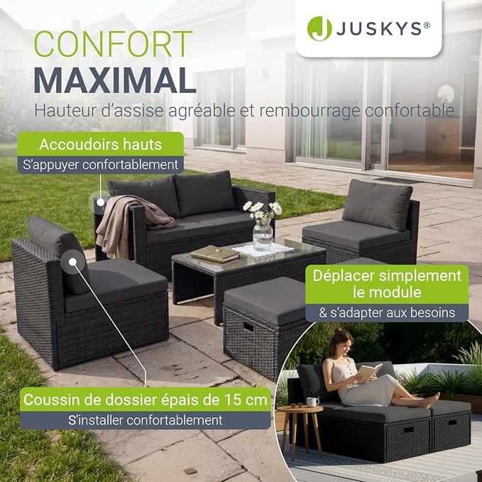 Juskys Salon de Jardin Salou en Polyrotin Noir — Espace Lounge 6 Personnes Résistant aux Intempéries — Coin Salon avec Table Basse & Coussins Inclus — Jardin, Terrasse, Balcon