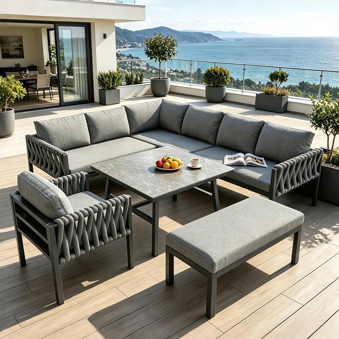 Salon de Jardin Extérieur 5 Pièces en Forme de L — Ensemble de Meubles pour 6-8 Personnes — Canapé d'Angle, Table, Banc & Fauteuils à Accoudoirs — Tressé, Coussins Inclus — Gris