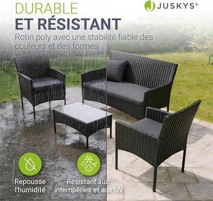 Juskys Salon de Jardin Fort Myers en Polyrotin — Lounge 4 Personnes avec Canapé, Table & Coussins — Noir/Gris Foncé
