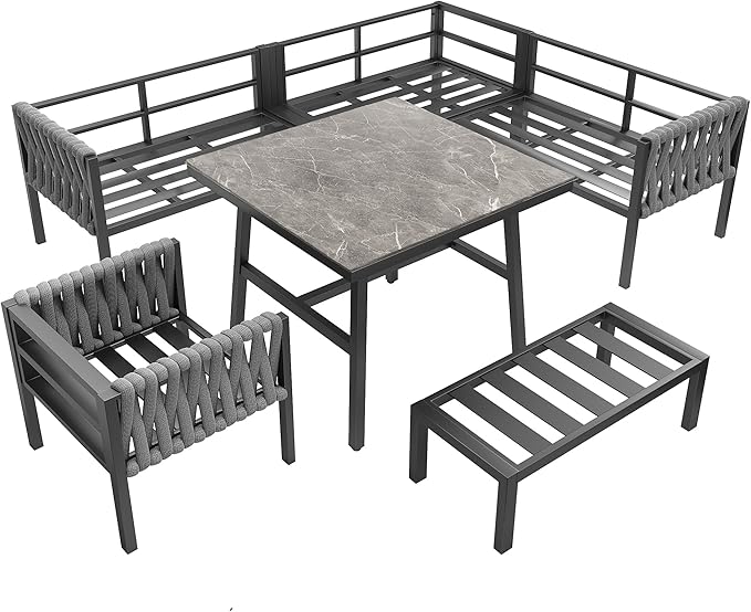 Salon de Jardin Extérieur 5 Pièces en Forme de L — Ensemble de Meubles pour 6-8 Personnes — Canapé d'Angle, Table, Banc & Fauteuils à Accoudoirs — Tressé, Coussins Inclus — Gris