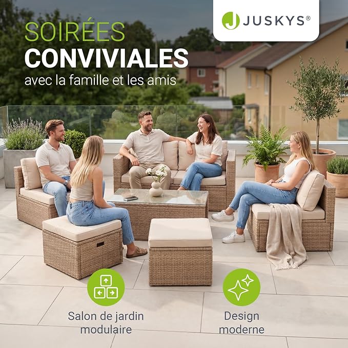Juskys Salon de Jardin Salou en Polyrotin — Lounge 6 Personnes avec Table & Coussins — Crème/Sable