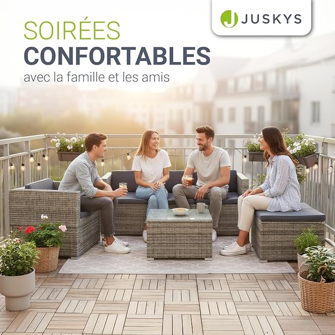 Juskys Salon de Jardin Lounge Punta Cana L — Polyrotin 4-5 Personnes avec Canapé, Table & Coussins — Gris Chiné