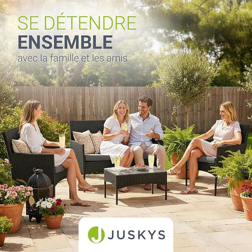 Juskys Salon de Jardin Fort Myers en Polyrotin — Lounge 4 Personnes avec Canapé, Table & Coussins — Noir/Gris Foncé