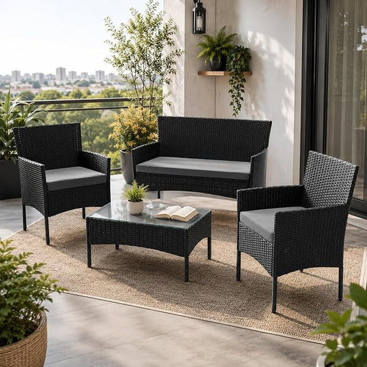 Juskys Salon de Jardin Fort Myers en Polyrotin — Lounge 4 Personnes avec Canapé, Table & Coussins — Noir/Gris Foncé