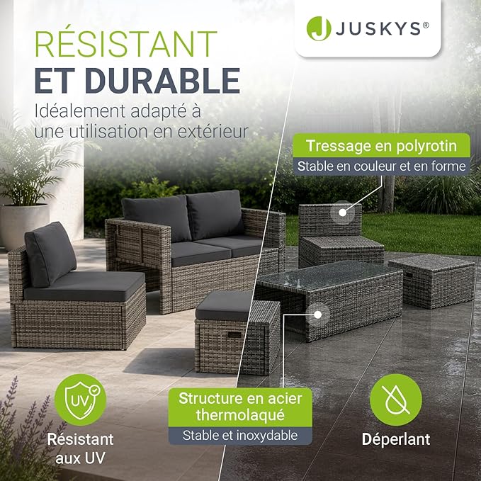 Juskys Salon de Jardin Salou — Polyrotin Gris 6 Personnes, Résistant aux Intempéries, Table & Coussins Inclus