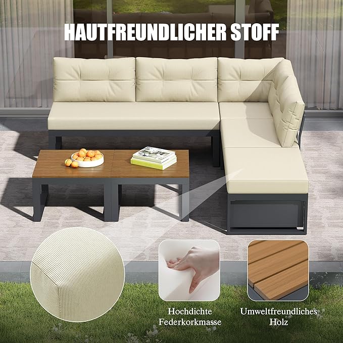 Salon de Jardin Modulaire 5 Pièces — Canapé d'Angle avec Rangement, Fauteuils, 2 Tables Basses & Coussins — Beige