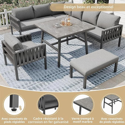 Salon de Jardin Extérieur 5 Pièces en Forme de L — Ensemble de Meubles pour 6-8 Personnes — Canapé d'Angle, Table, Banc & Fauteuils à Accoudoirs — Tressé, Coussins Inclus — Gris