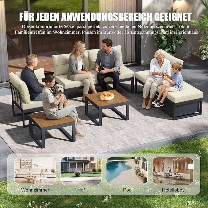 Salon de Jardin Modulaire 5 Pièces — Canapé d'Angle avec Rangement, Fauteuils, 2 Tables Basses & Coussins — Beige
