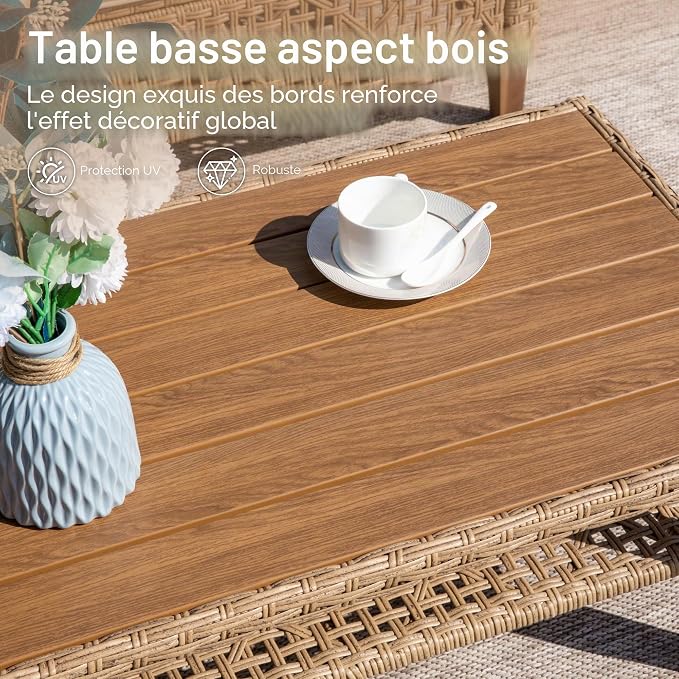 PHI VILLA Salon de Jardin 3 Pièces en Rotin — Méridienne, Canapé 2 Places & Table Basse — 4 Personnes — Beige