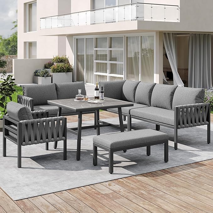 Salon de Jardin Extérieur 5 Pièces en Forme de L — Ensemble de Meubles pour 6-8 Personnes — Canapé d'Angle, Table, Banc & Fauteuils à Accoudoirs — Tressé, Coussins Inclus — Gris